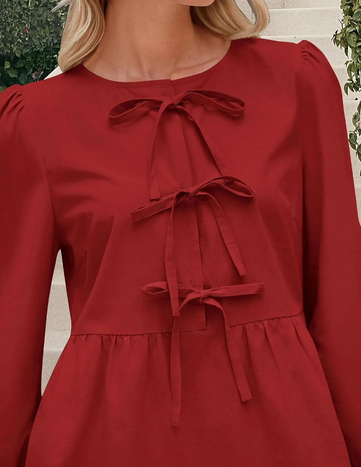 PRETTYGARDEN Women's Babydoll Tops 2025 Spring Trendy 3/4 Length Puff Sleeve Bow Tie Front Cute Peplum Blouses Shirts