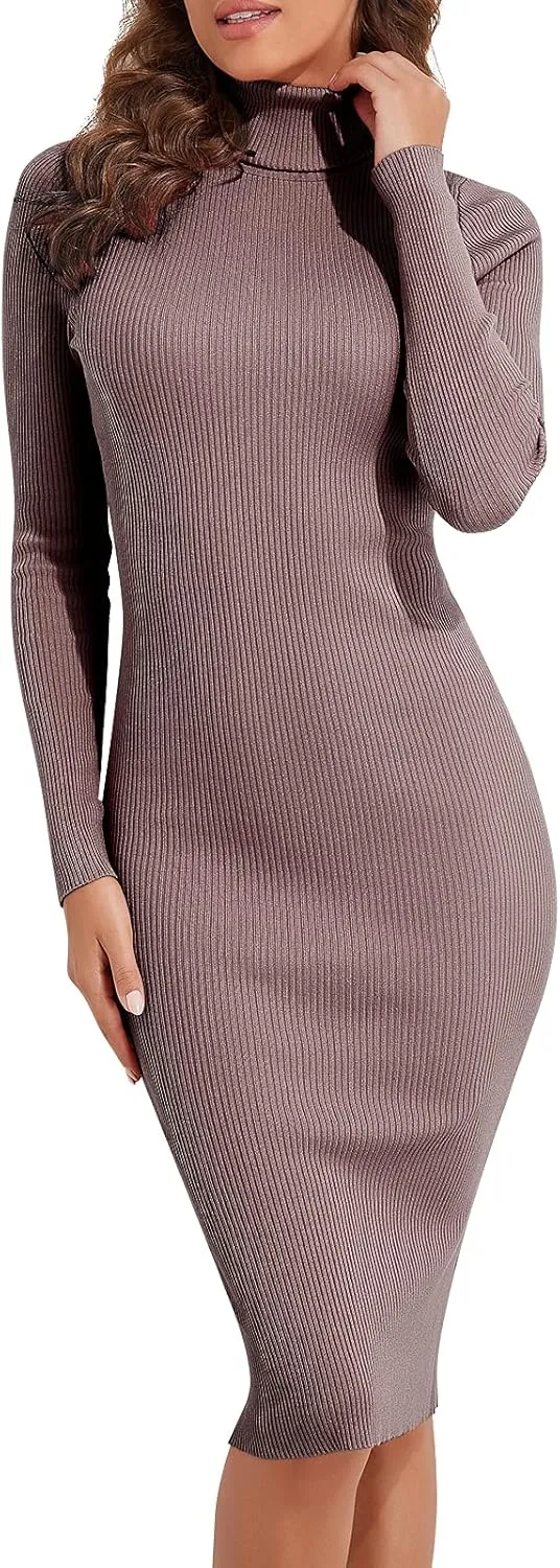 PrettyGuide Women's Turtleneck Sweater Dress Long Sleeve Ribbed Knit Stretch Midi Bodycon Dresses