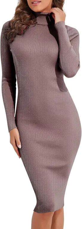 PrettyGuide Women's Turtleneck Sweater Dress Long Sleeve Ribbed Knit Stretch Midi Bodycon Dresses
