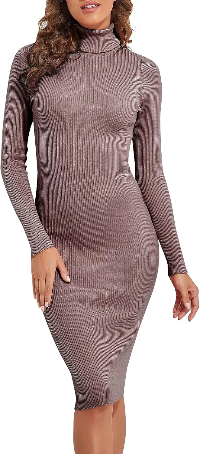 PrettyGuide Women's Turtleneck Sweater Dress Long Sleeve Ribbed Knit Stretch Midi Bodycon Dresses