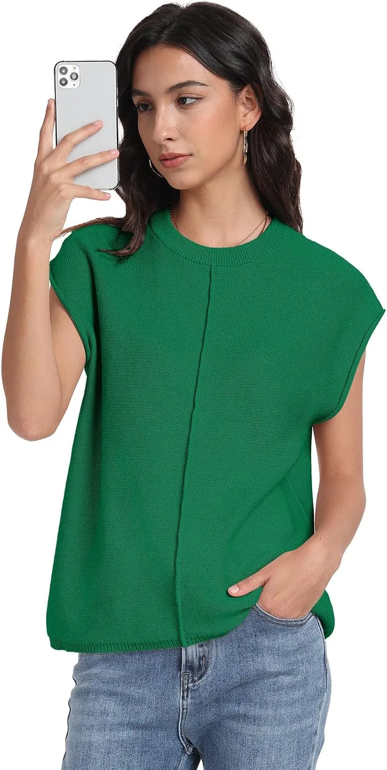 PrinStory Womens Cap Sleeve Tops Summer Casual Crew Neck Loose Fit Knit Lightweight Sweater Pullover Top