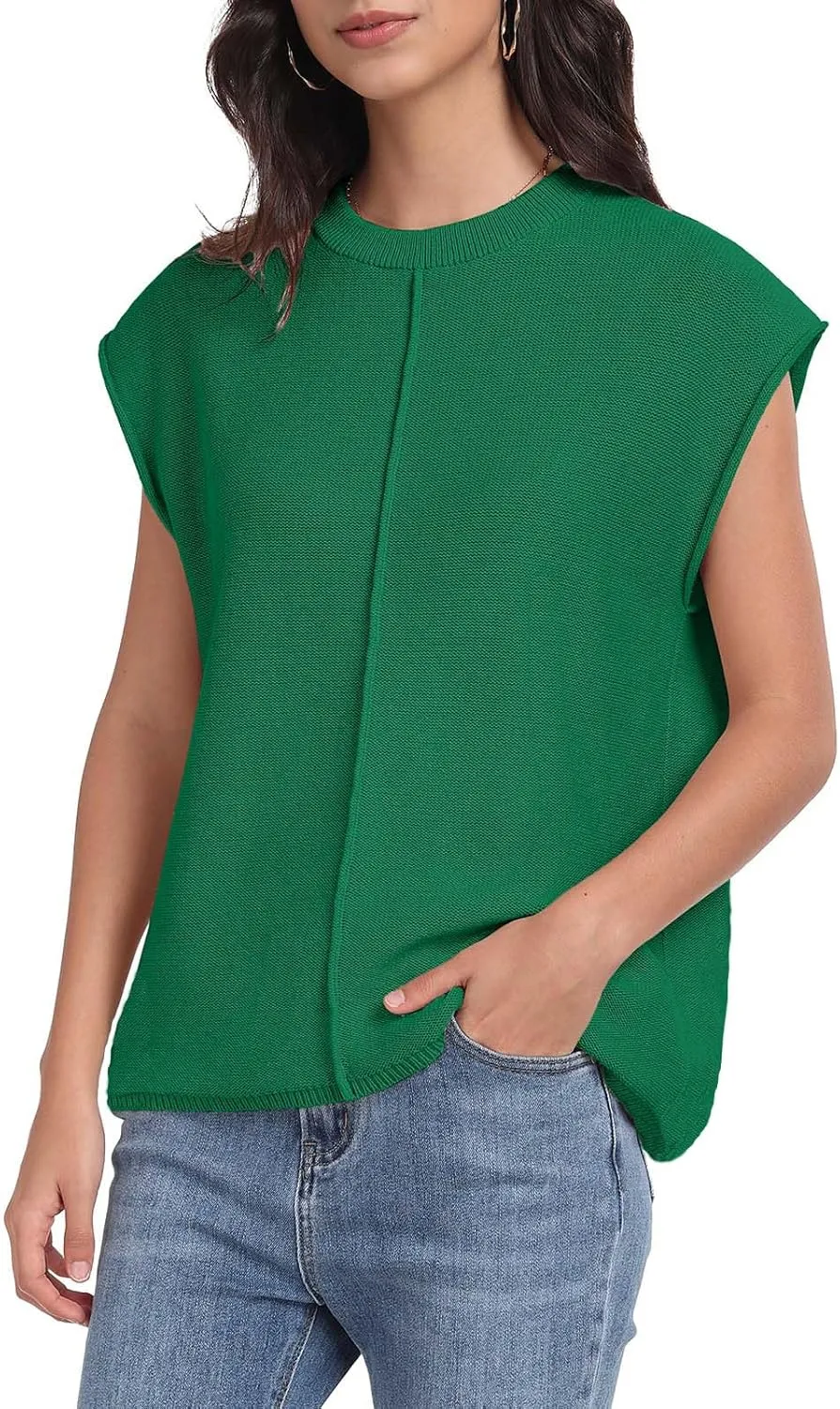 PrinStory Womens Cap Sleeve Tops Summer Casual Crew Neck Loose Fit Knit Lightweight Sweater Pullover Top