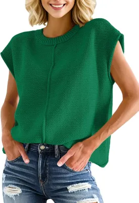 PrinStory Womens Cap Sleeve Tops Summer Casual Crew Neck Loose Fit Knit Lightweight Sweater Pullover Top