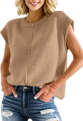 PrinStory Womens Cap Sleeve Tops Summer Casual Crew Neck Loose Fit Knit Lightweight Sweater Pullover Top