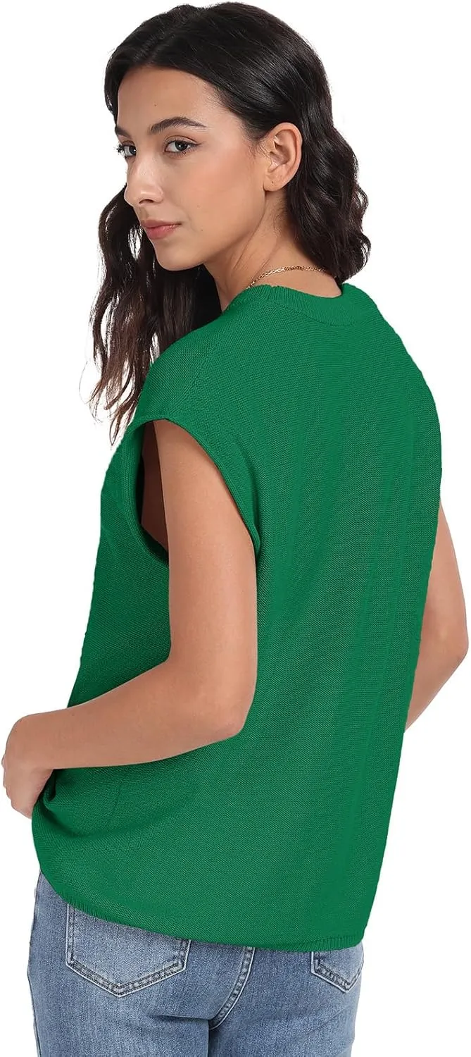 PrinStory Womens Cap Sleeve Tops Summer Casual Crew Neck Loose Fit Knit Lightweight Sweater Pullover Top