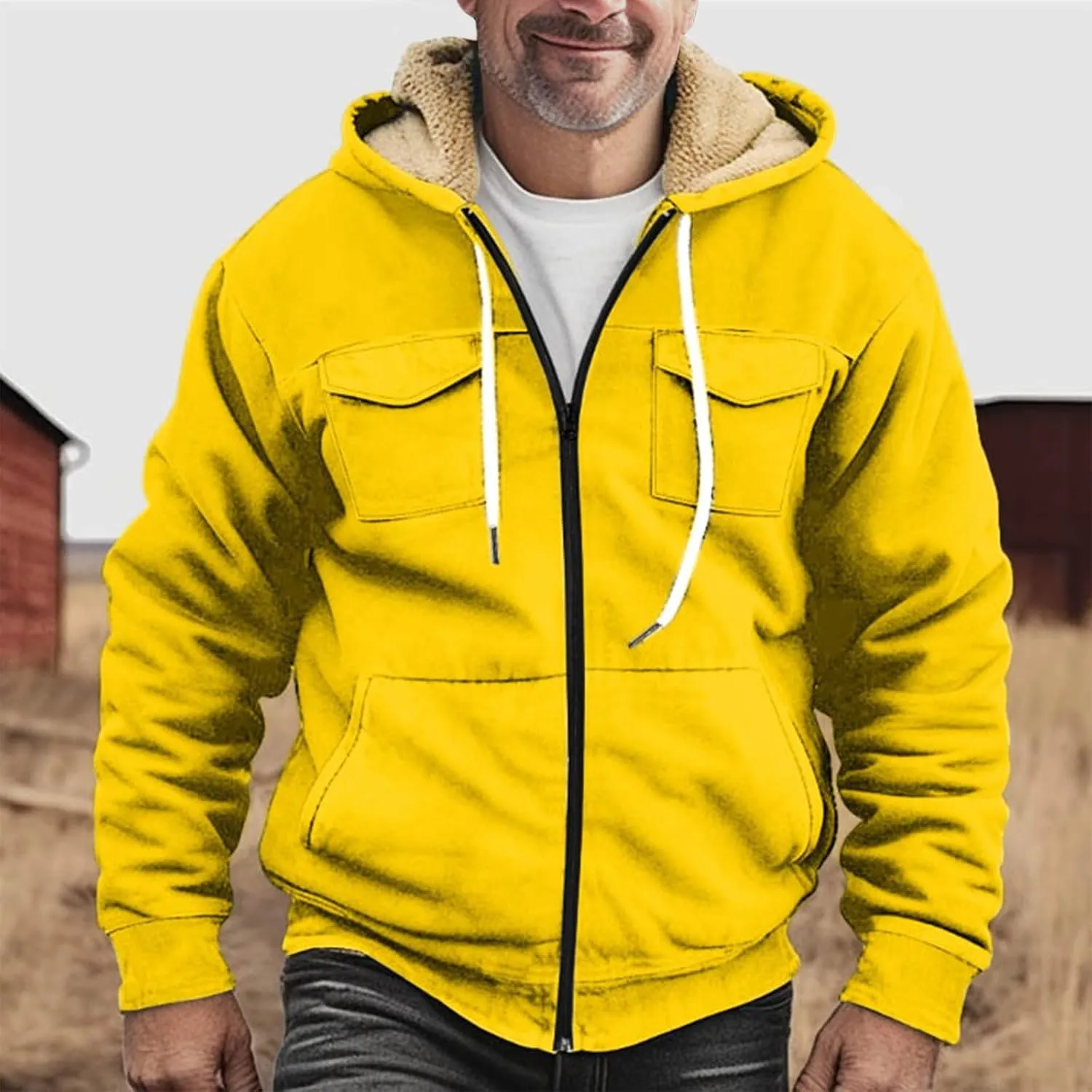 RTRDE Mens Fuzzy Jacket Casual Solid Color Sherpa Fleece Lined Hoodie Jackets Winter Warm Work Coats Jacket, S-5XL