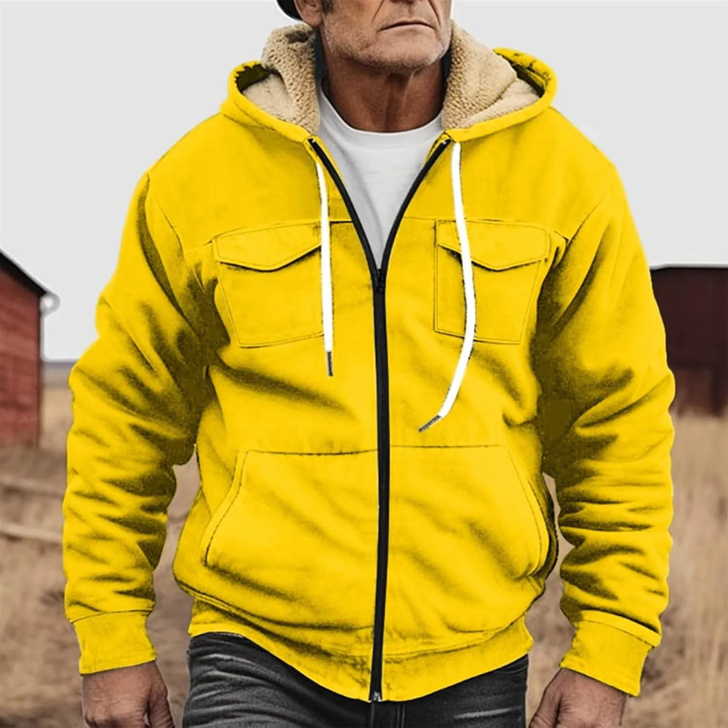 RTRDE Mens Fuzzy Jacket Casual Solid Color Sherpa Fleece Lined Hoodie Jackets Winter Warm Work Coats Jacket, S-5XL