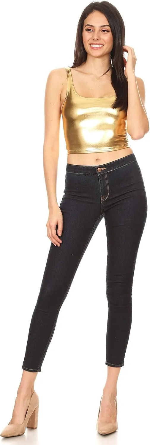 Sakkas Women's Stretchy Sleeveless Liquid Metallic Club Crop Tank Top Made in USA