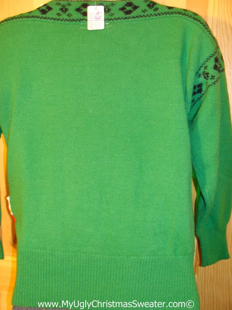 Tacky 3D Ugly Christmas Vintage Green Sweater Puffy Santa with Lights (A36)