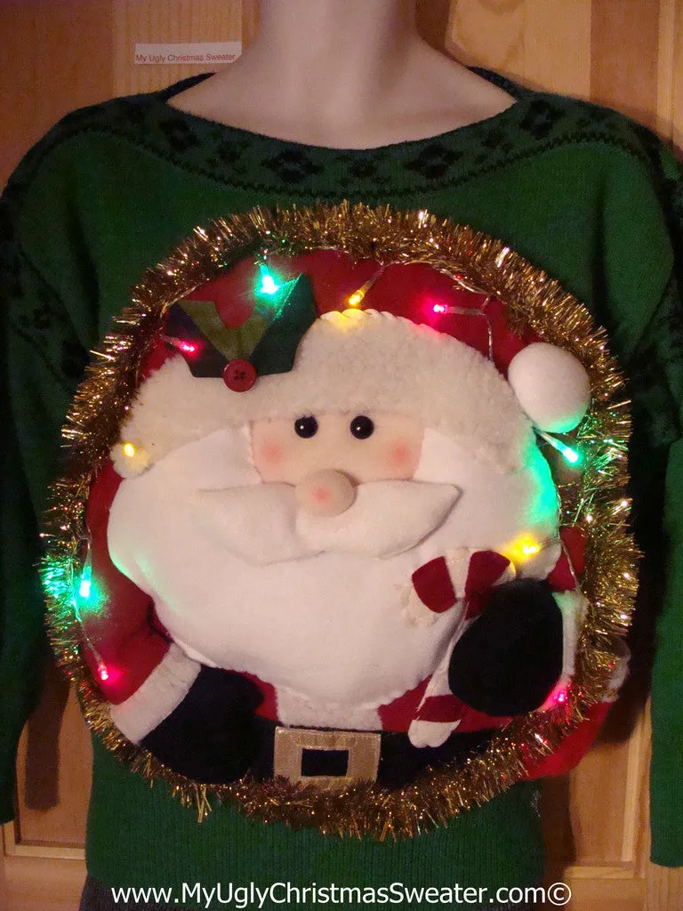 Tacky 3D Ugly Christmas Vintage Green Sweater Puffy Santa with Lights (A36)