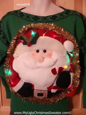 Tacky 3D Ugly Christmas Vintage Green Sweater Puffy Santa with Lights (A36)