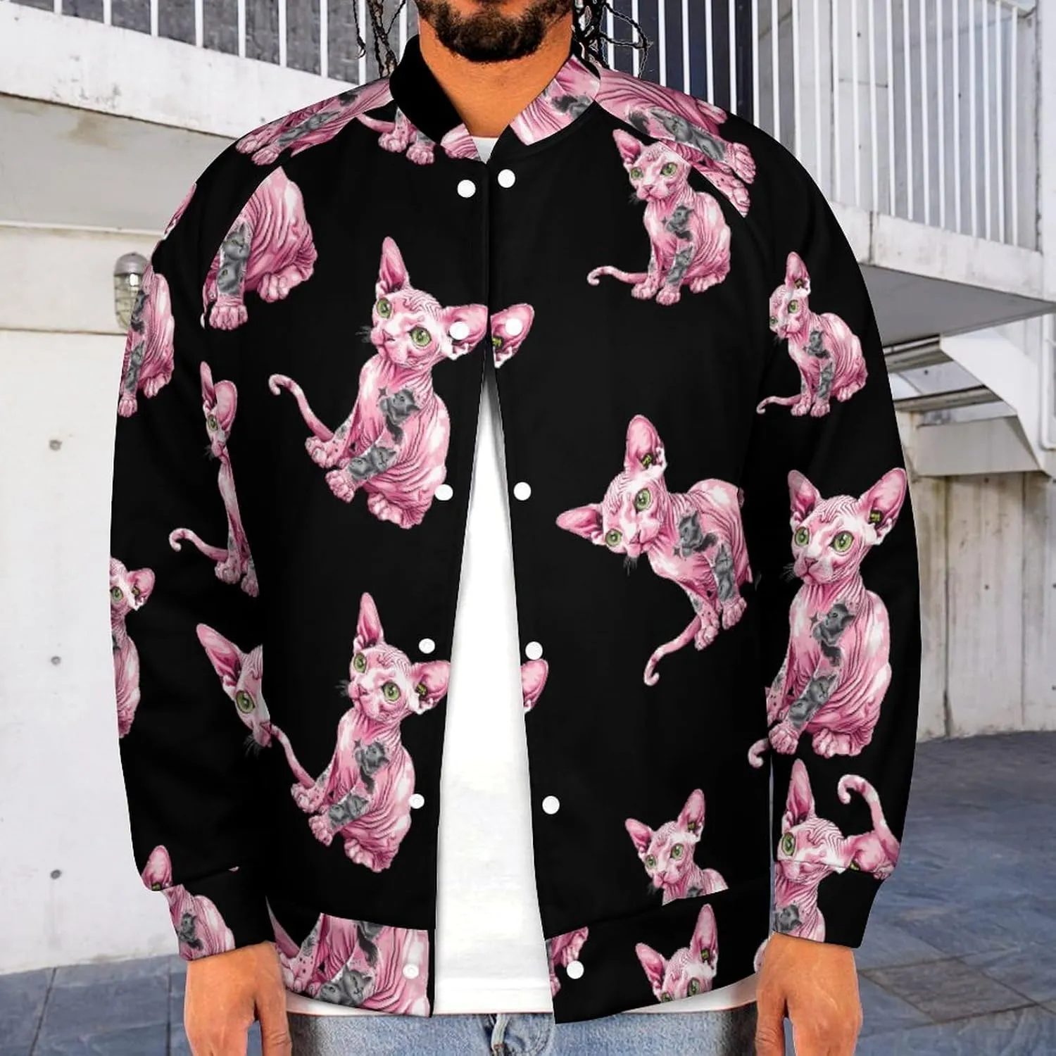 Tattooed Sphynx Cat Hairless Lightweight Men's Baseball Jackets Relaxed Fit Varsity Bomber Jacket Windbreaker Coat