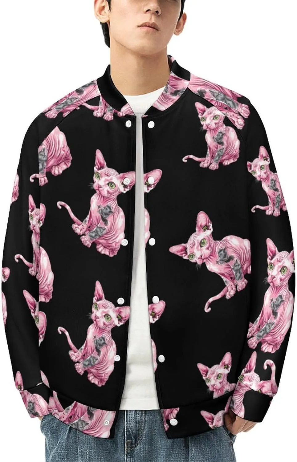 Tattooed Sphynx Cat Hairless Lightweight Men's Baseball Jackets Relaxed Fit Varsity Bomber Jacket Windbreaker Coat