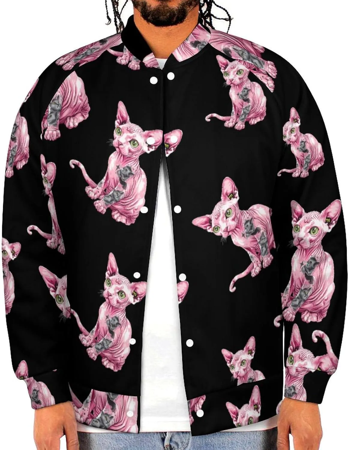 Tattooed Sphynx Cat Hairless Lightweight Men's Baseball Jackets Relaxed Fit Varsity Bomber Jacket Windbreaker Coat