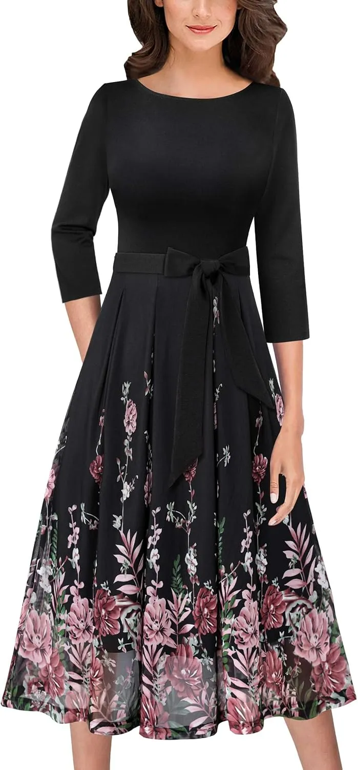 VFSHOW Womens Elegant Pockets Belted Work Business Office Casual Party Pleated A-Line Midi Dress