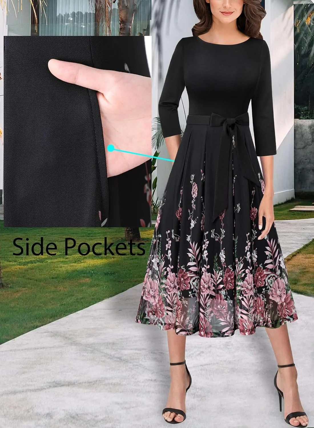 VFSHOW Womens Elegant Pockets Belted Work Business Office Casual Party Pleated A-Line Midi Dress