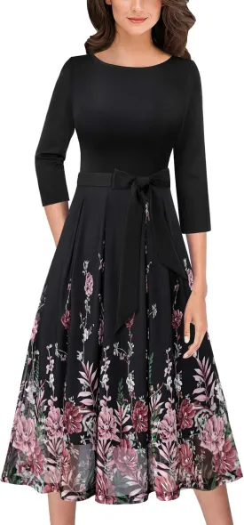 VFSHOW Womens Elegant Pockets Belted Work Business Office Casual Party Pleated A-Line Midi Dress