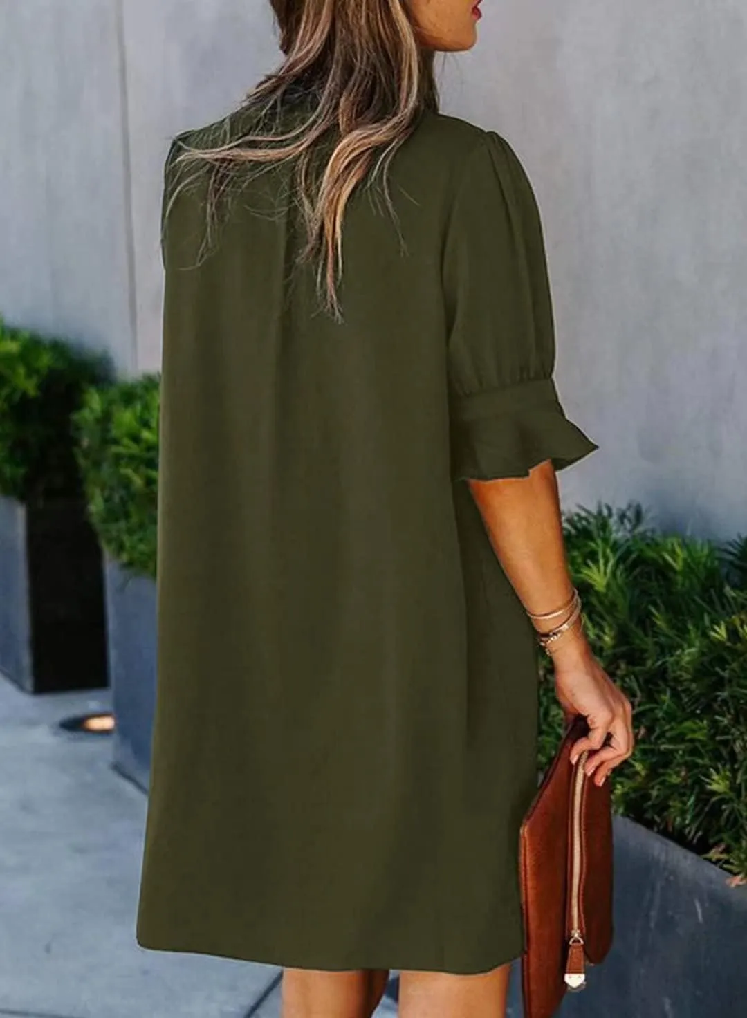 Wkior Shift Dress for Women V Neck Short Sleeves Solid Color Casual Flowy Summer Dresses(S-2XL)