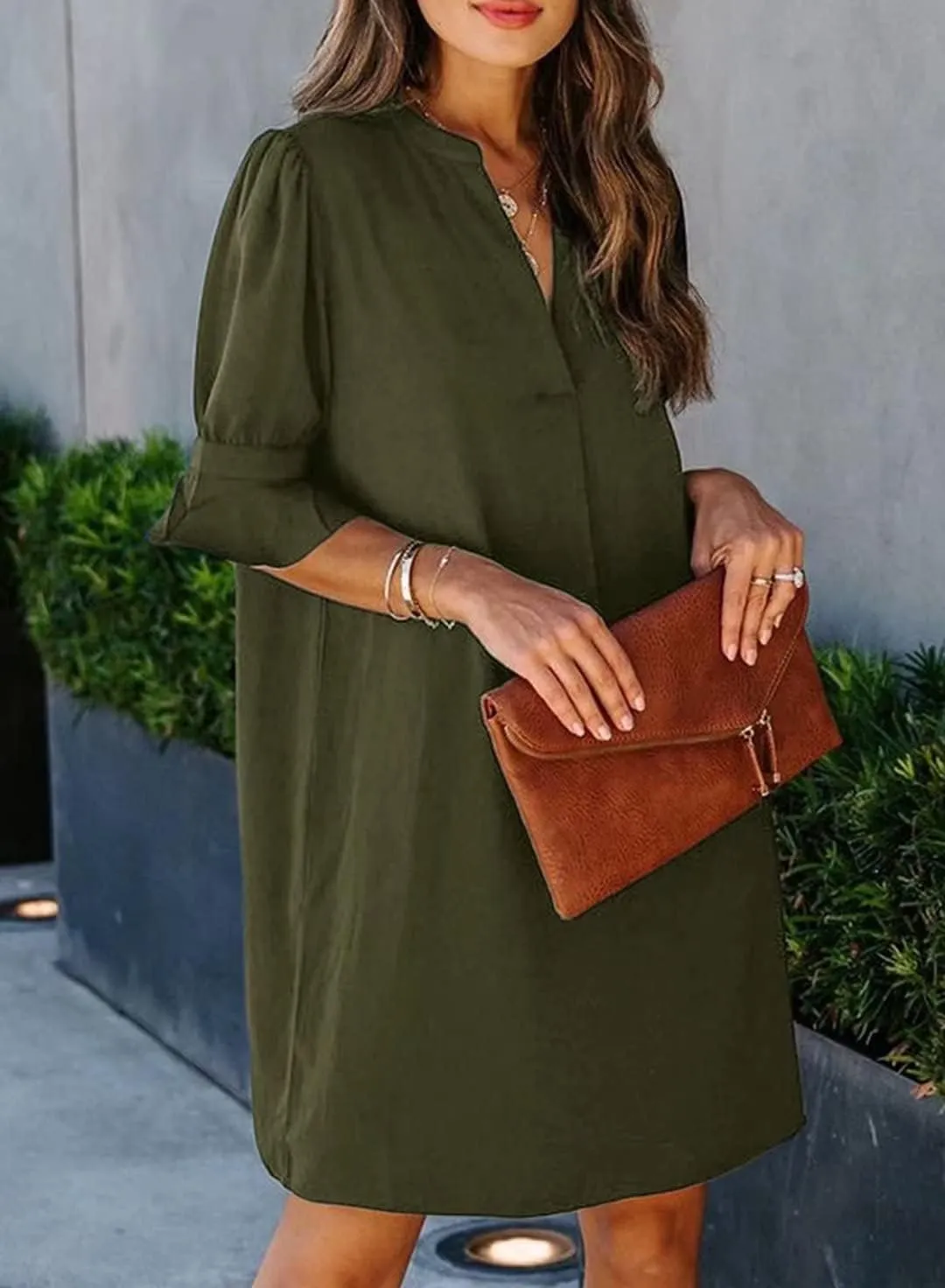Wkior Shift Dress for Women V Neck Short Sleeves Solid Color Casual Flowy Summer Dresses(S-2XL)