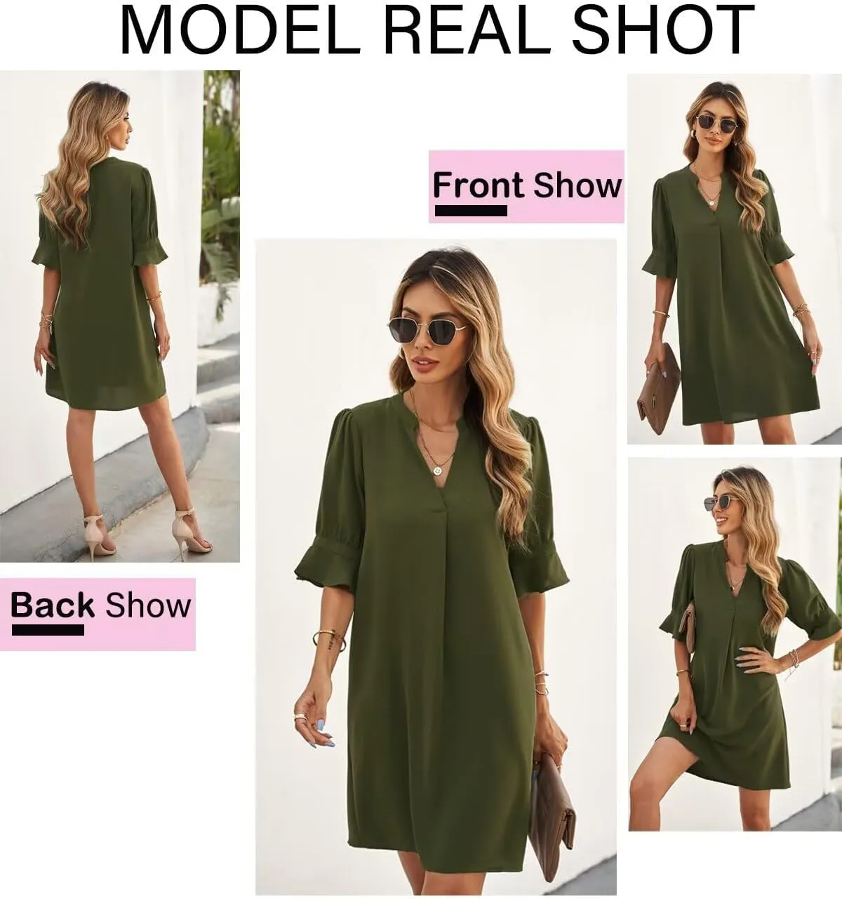 Wkior Shift Dress for Women V Neck Short Sleeves Solid Color Casual Flowy Summer Dresses(S-2XL)