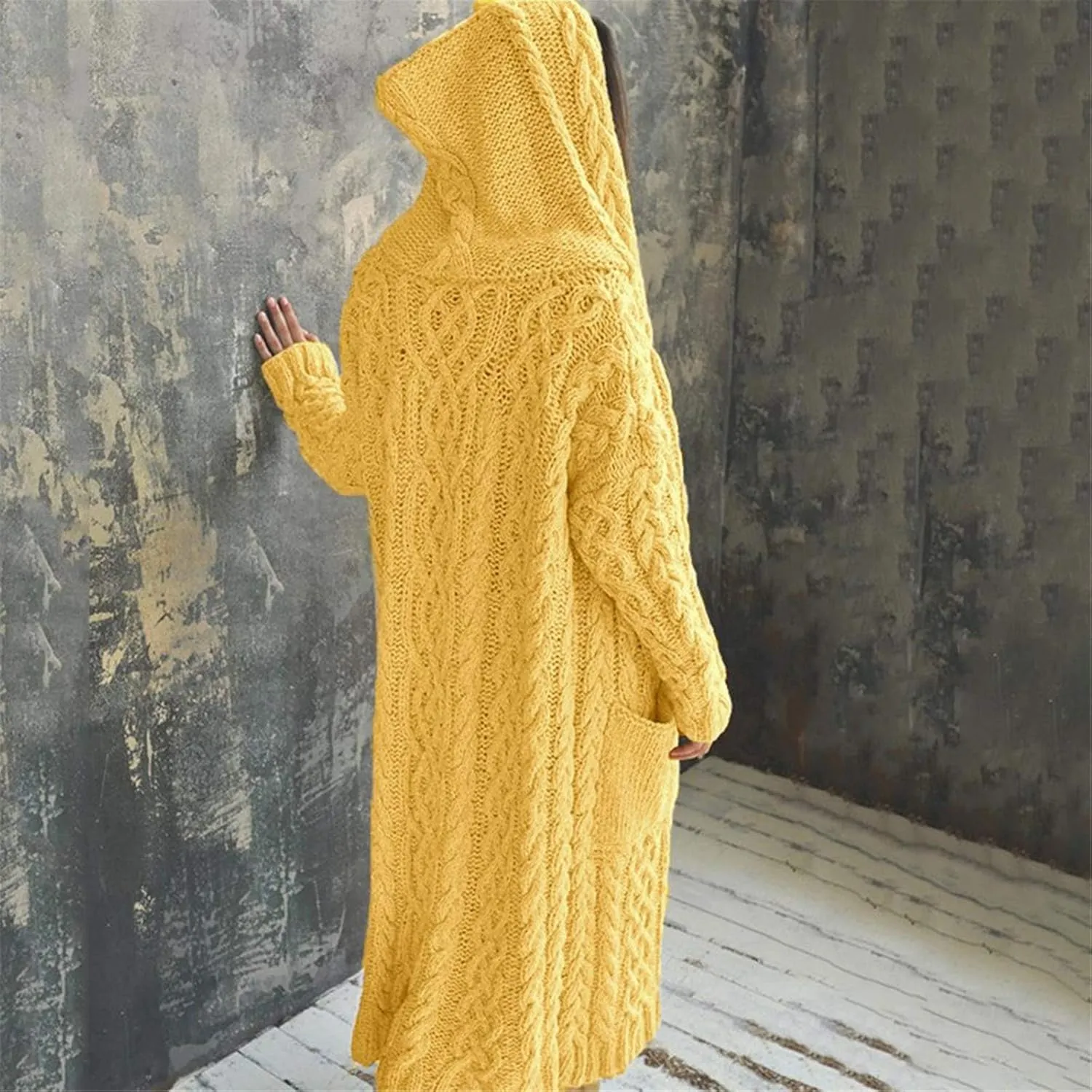 Women Chunky Knit Sweater Coats Solid Hooded Long Cardigan Sweaters Winter Outwear Loose Knitted Jacket with