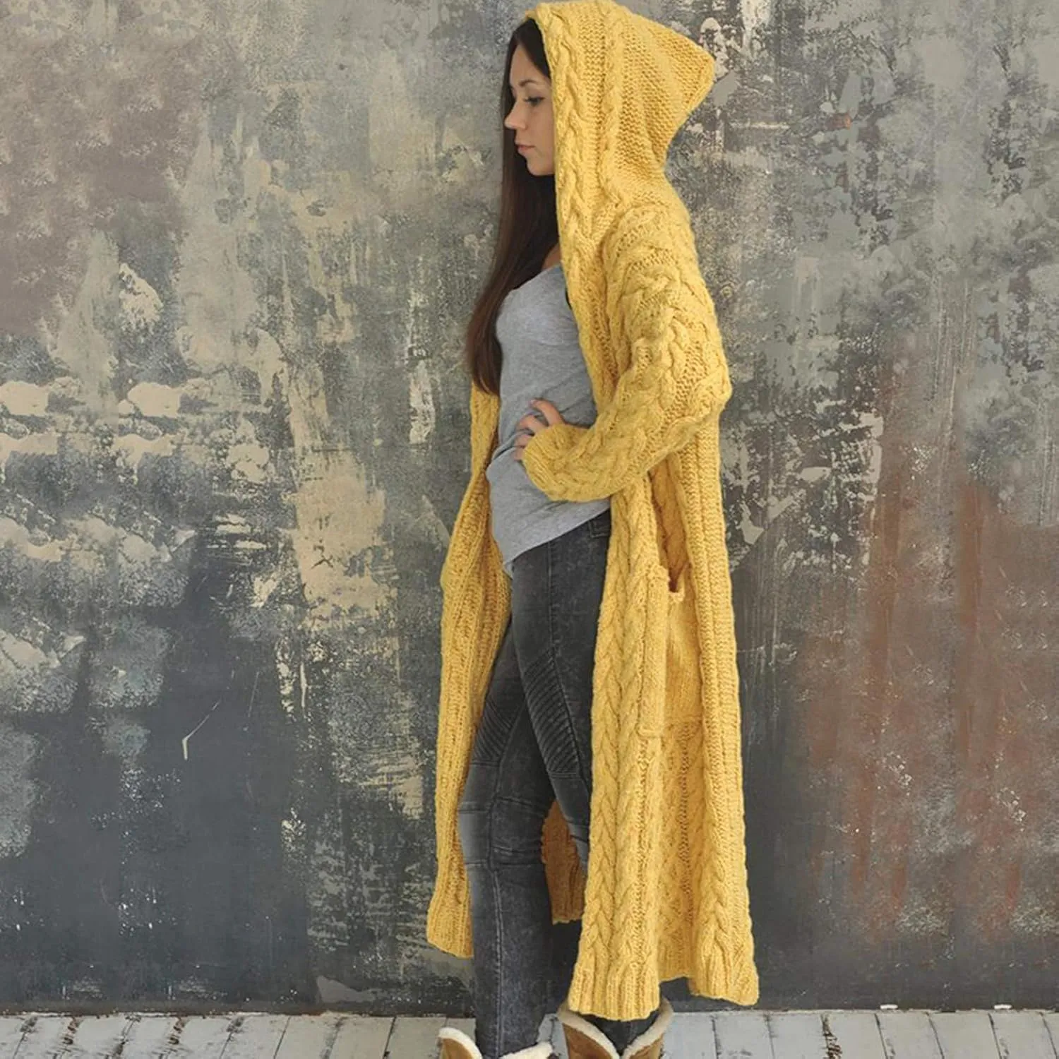 Women Chunky Knit Sweater Coats Solid Hooded Long Cardigan Sweaters Winter Outwear Loose Knitted Jacket with