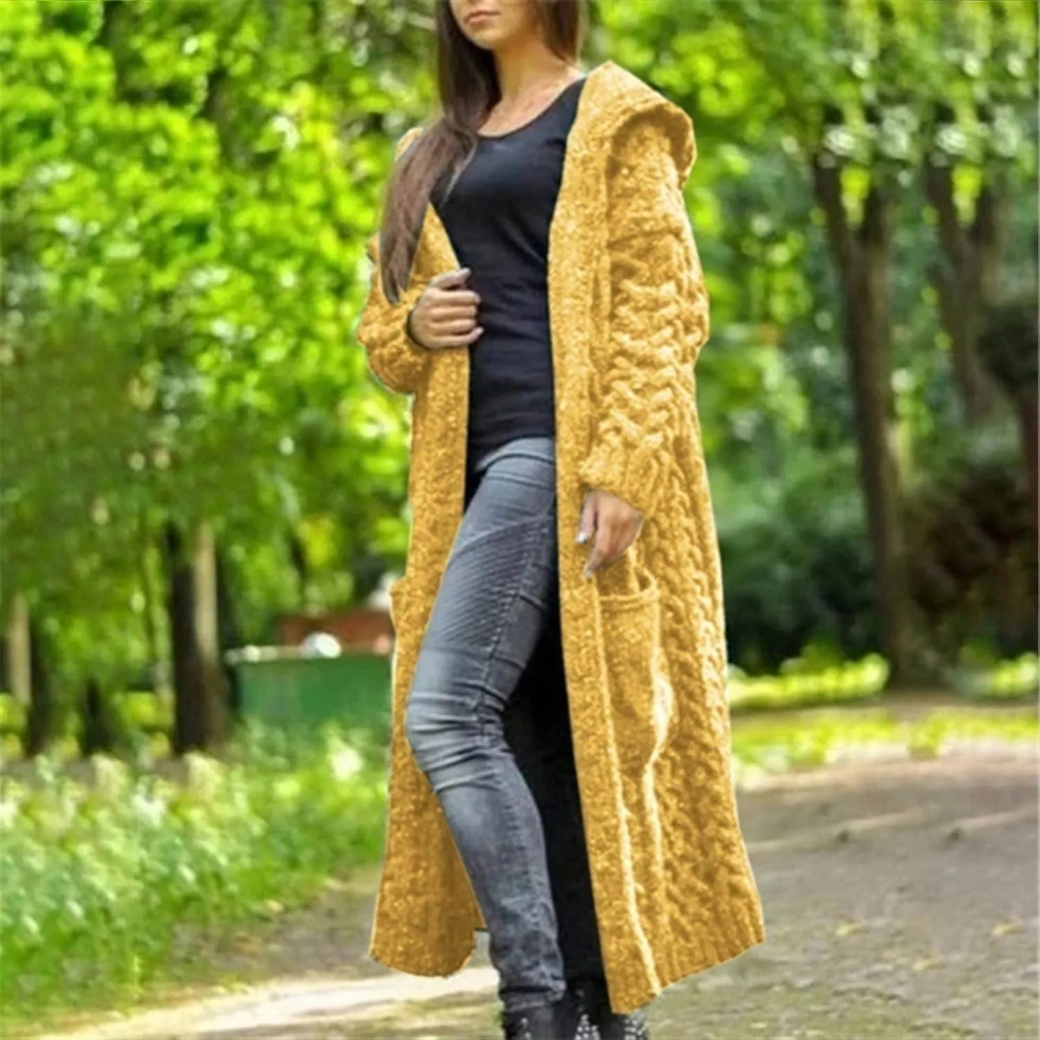 Women Chunky Knit Sweater Coats Solid Hooded Long Cardigan Sweaters Winter Outwear Loose Knitted Jacket with