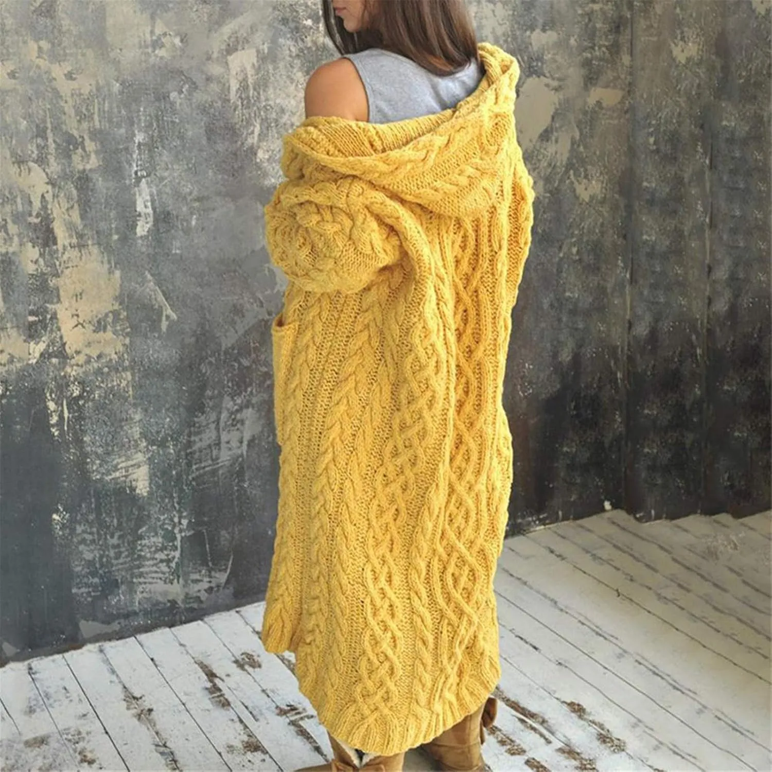 Women Chunky Knit Sweater Coats Solid Hooded Long Cardigan Sweaters Winter Outwear Loose Knitted Jacket with