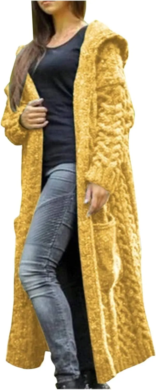 Women Chunky Knit Sweater Coats Solid Hooded Long Cardigan Sweaters Winter Outwear Loose Knitted Jacket with