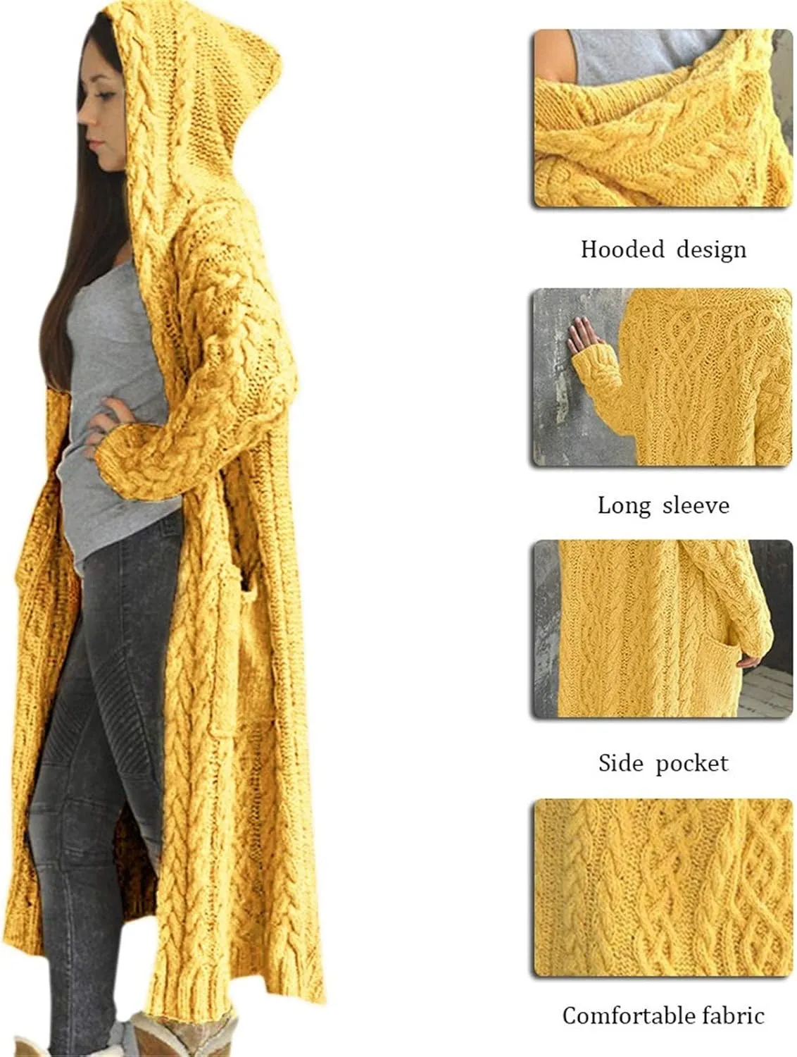 Women Chunky Knit Sweater Coats Solid Hooded Long Cardigan Sweaters Winter Outwear Loose Knitted Jacket with