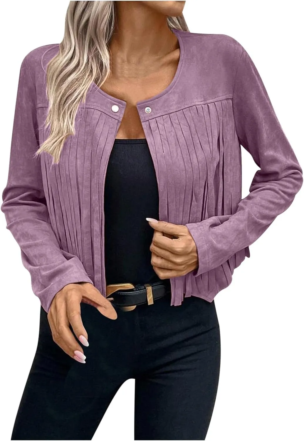 Women Vintage Tassel Cropped Jacket Faux Suede Long Sleeve Fringe Jackets Funny Motorcycle Biker Coat Trendy