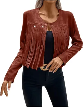 Women Vintage Tassel Cropped Jacket Faux Suede Long Sleeve Fringe Jackets Funny Motorcycle Biker Coat Trendy