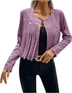 Women Vintage Tassel Cropped Jacket Faux Suede Long Sleeve Fringe Jackets Funny Motorcycle Biker Coat Trendy