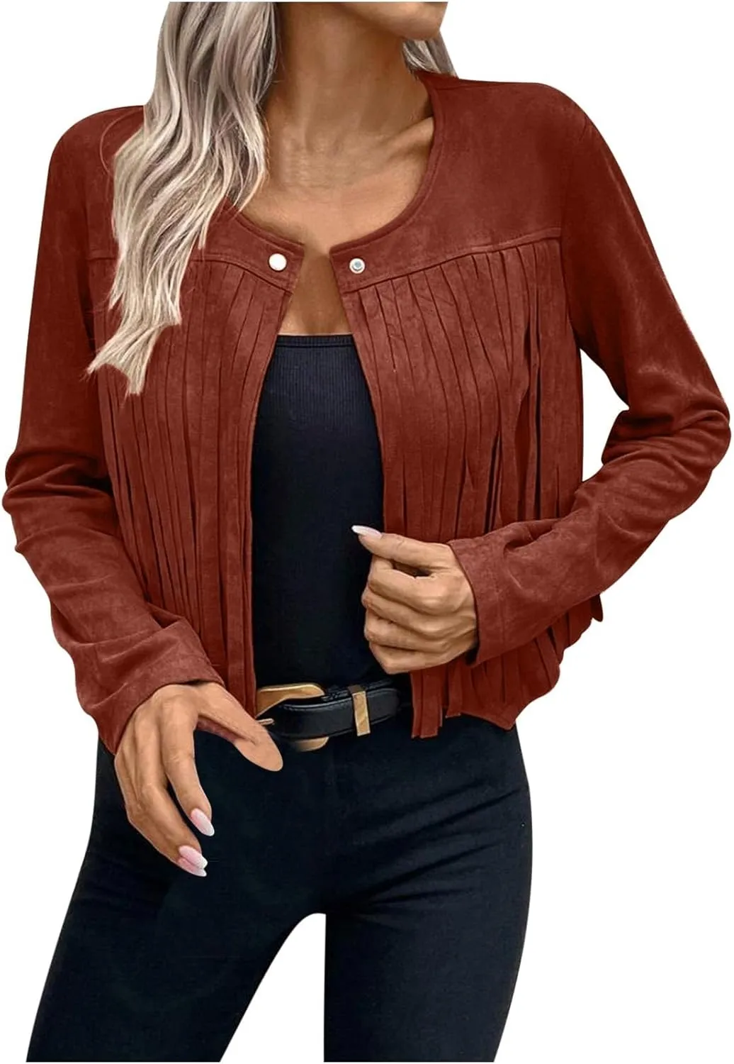 Women Vintage Tassel Cropped Jacket Faux Suede Long Sleeve Fringe Jackets Funny Motorcycle Biker Coat Trendy